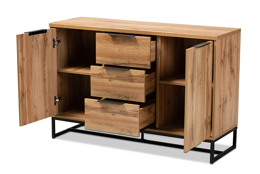 baxton studio reid modern and contemporary industrial oak finished wood and black metal 3 drawer sideboard buffet | Modish Furniture Store-3