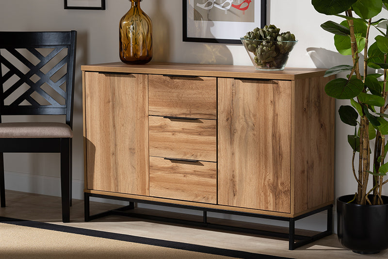 Baxton Studio Reid Modern and Contemporary Industrial Oak Finished Wood and Black Metal 3-Drawer Sideboard Buffet | Modishstore | Sideboards
