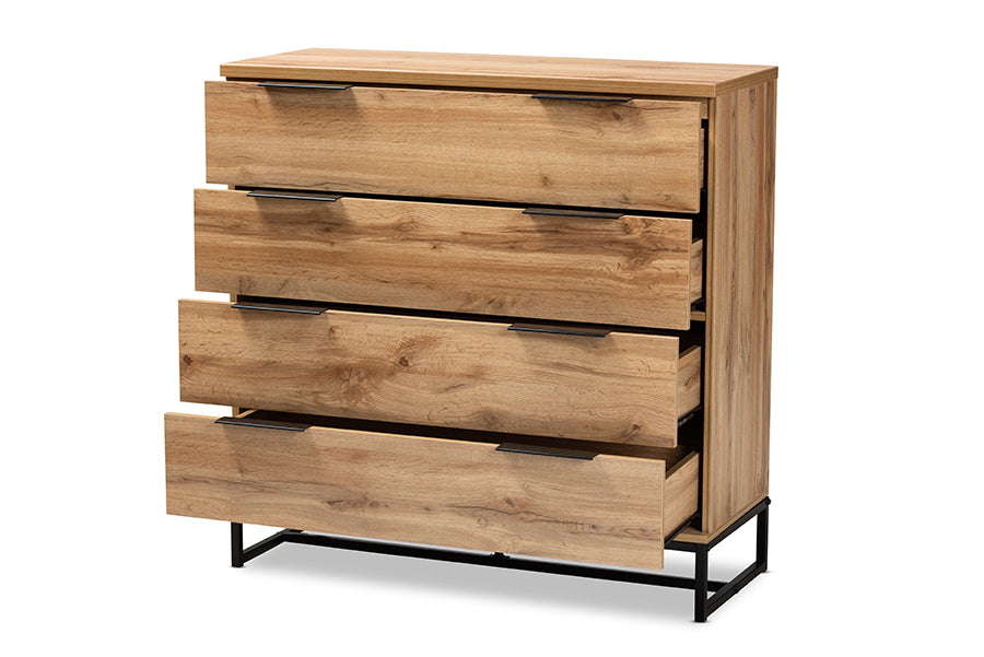 baxton studio reid modern and contemporary industrial oak finished wood and black metal 4 drawer dresser | Modish Furniture Store-3