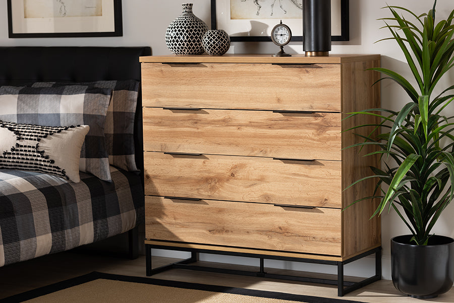 Baxton Studio Reid Modern and Contemporary Industrial Oak Finished Wood and Black Metal 4-Drawer Dresser | Modishstore | Drawers