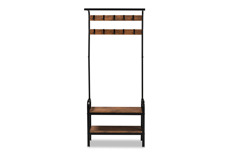 baxton studio aislin vintage rustic industrial distressed wood and black metal finished entryway hall tree | Modish Furniture Store-3