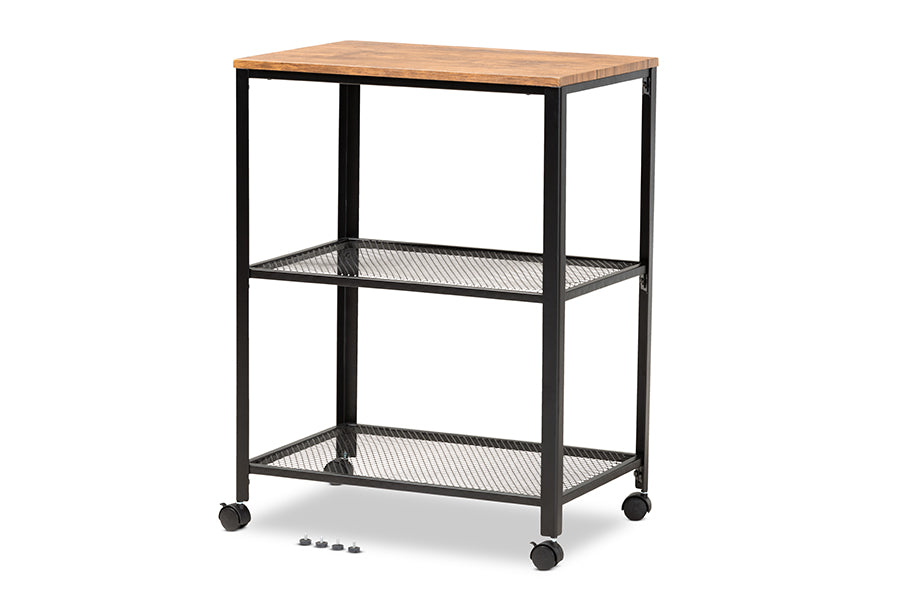 baxton studio verna vintage rustic industrial black finished metal and oak brown finished wood kitchen serving cart | Modish Furniture Store-2