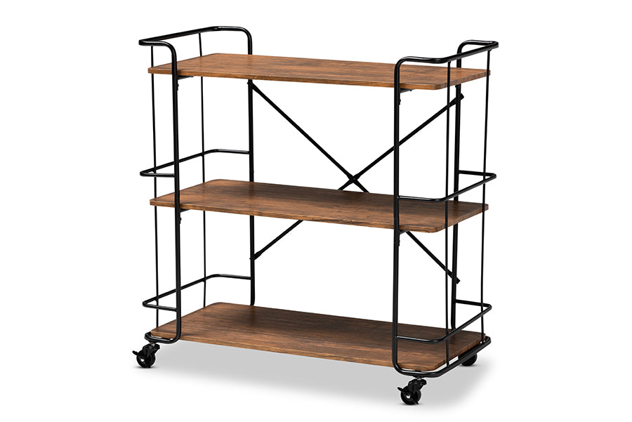 baxton studio neal rustic industrial style black metal and walnut finished wood bar and kitchen serving cart | Modish Furniture Store-3