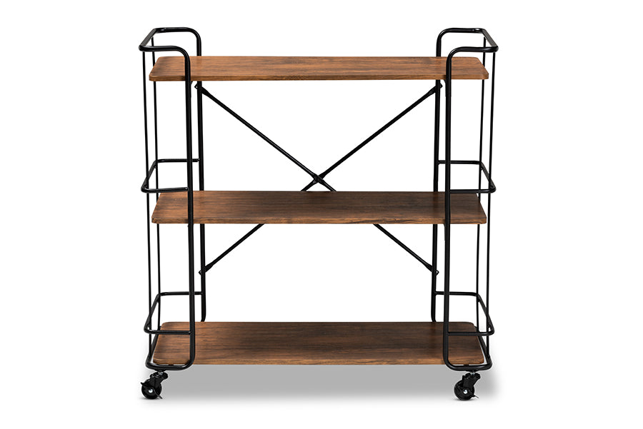 baxton studio neal rustic industrial style black metal and walnut finished wood bar and kitchen serving cart | Modish Furniture Store-2