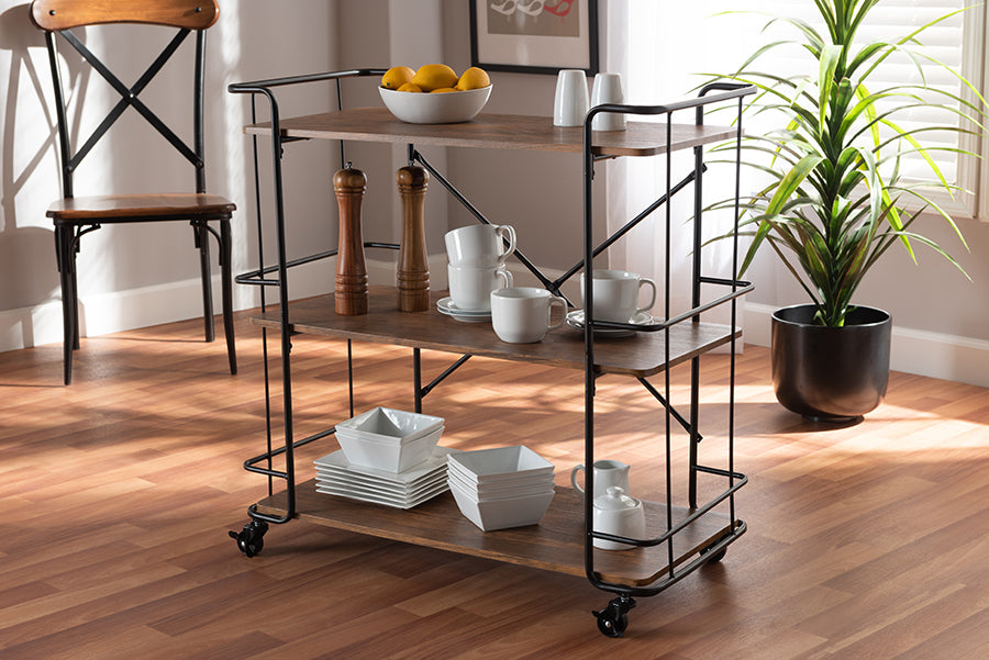 Baxton Studio Neal Rustic Industrial Style Black Metal and Walnut Finished Wood Bar and Kitchen Serving Cart | Modishstore | Bar Carts