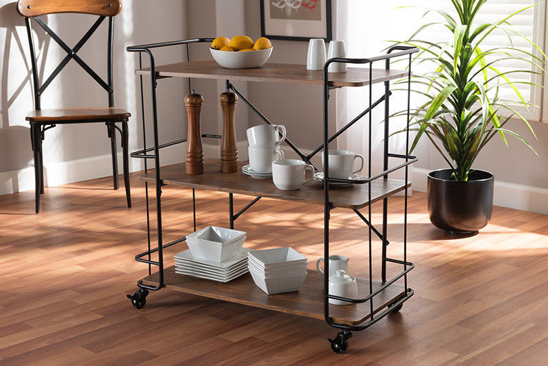 Baxton Studio Neal Rustic Industrial Style Black Metal and Walnut Finished Wood Bar and Kitchen Serving Cart | Modishstore | Bar Carts