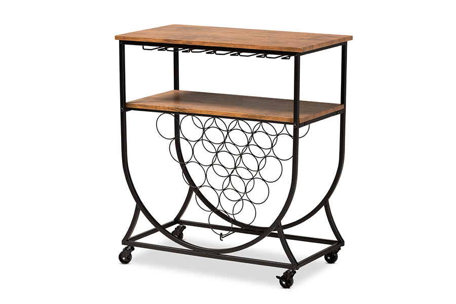 baxton studio dania antique vintage industrial black metal and walnut finished wood mobile wine bar cart | Modish Furniture Store-2