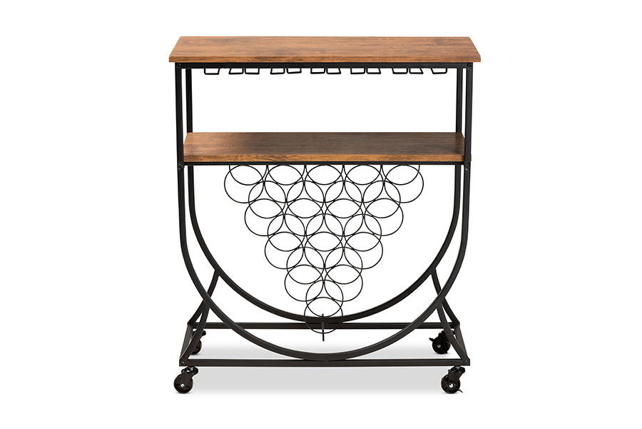 baxton studio dania antique vintage industrial black metal and walnut finished wood mobile wine bar cart | Modish Furniture Store-3