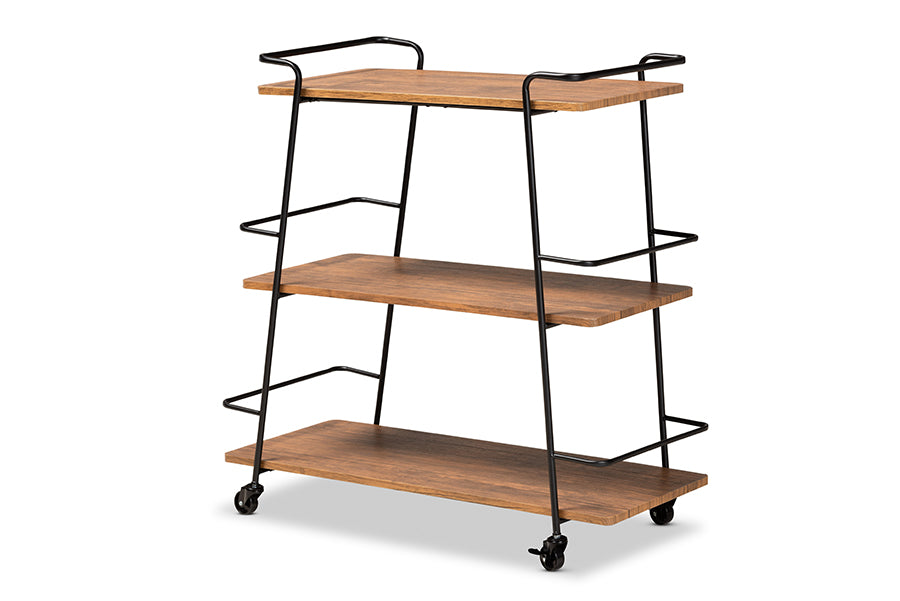 baxton studio bernard rustic industrial black metal and walnut finishe wood 3 tier mobile wine bar cart | Modish Furniture Store-2