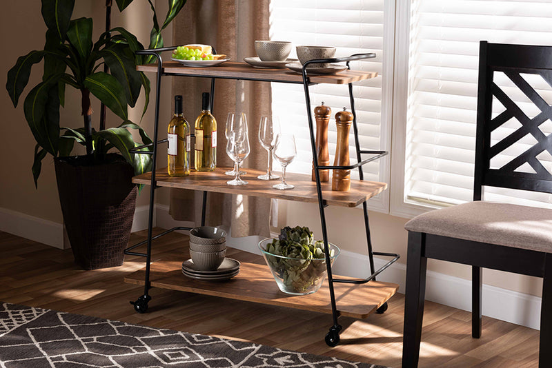 Baxton Studio Bernard Rustic Industrial Black Metal and Walnut Finishe Wood 3-Tier Mobile Wine Bar Cart | Modishstore | Bar Carts