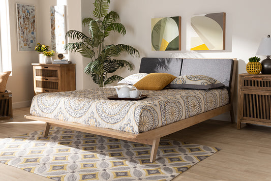 Baxton Studio Emile Modern and Contemporary Grey Fabric Upholstered Natural Oak Finished Wood King Size Platform Bed | Modishstore | Beds