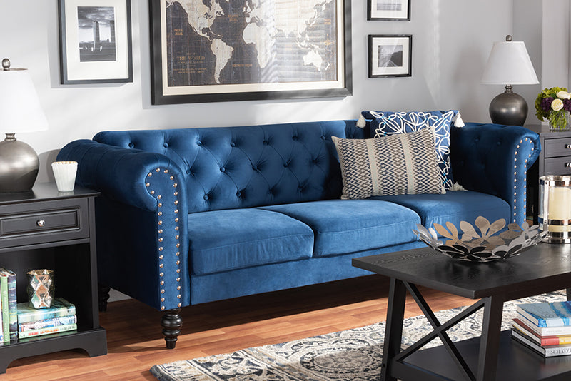 Baxton Studio Emma Traditional and Transitional Navy Blue Velvet Fabric Upholstered and Button Tufted Chesterfield Sofa | Modishstore | Sofas