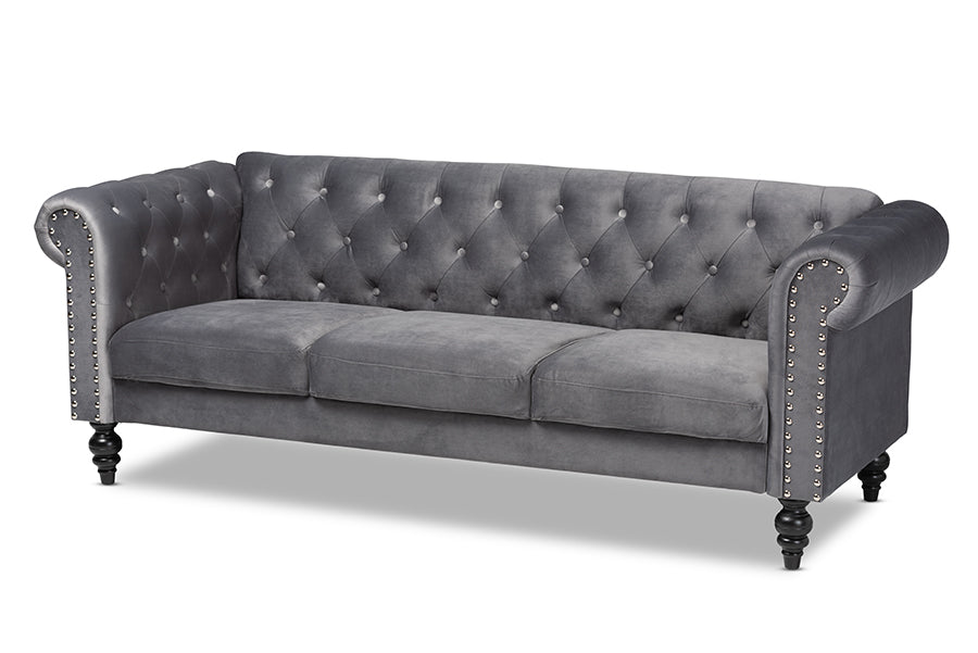 baxton studio emma traditional and transitional grey velvet fabric upholstered and button tufted chesterfield sofa | Modish Furniture Store-2