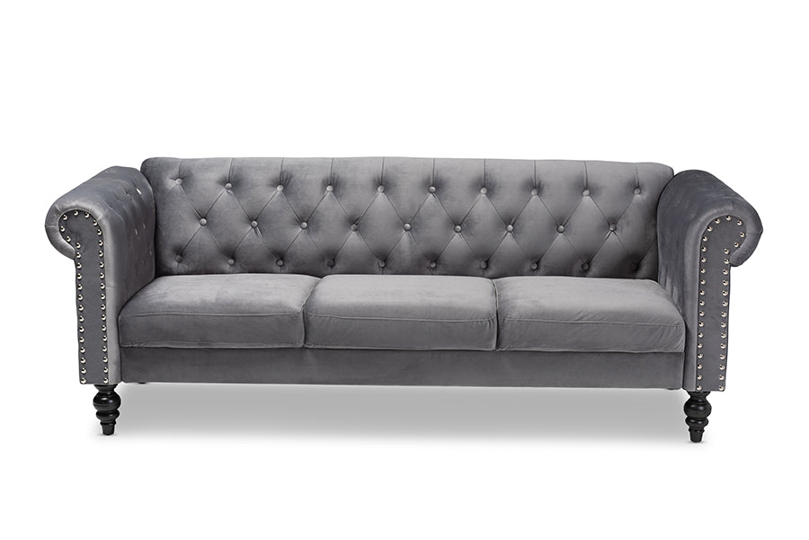 baxton studio emma traditional and transitional grey velvet fabric upholstered and button tufted chesterfield sofa | Modish Furniture Store-3