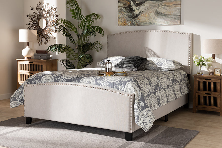 Baxton Studio Morgan Modern Transitional Beige Fabric Upholstered Queen Size Panel Bed | Modishstore | Beds
