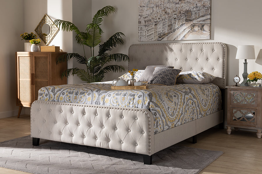 Baxton Studio Annalisa Modern Transitional Beige Fabric Upholstered Button Tufted King Size Panel Bed | Beds | Modishstore - 2
