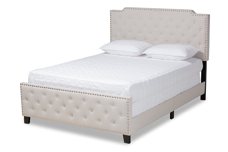 baxton studio marion modern transitional beige fabric upholstered button tufted queen size panel bed | Modish Furniture Store-2