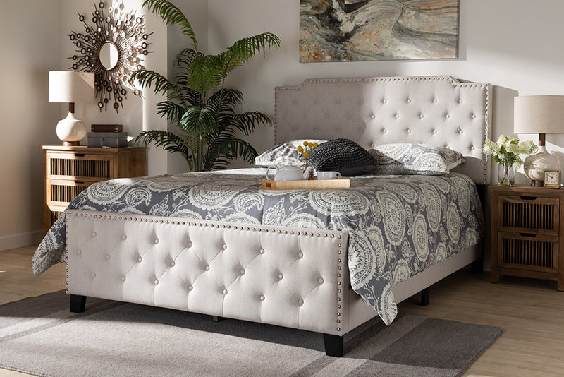 Baxton Studio Marion Modern Transitional Beige Fabric Upholstered Button Tufted Queen Size Panel Bed | Modishstore | Beds