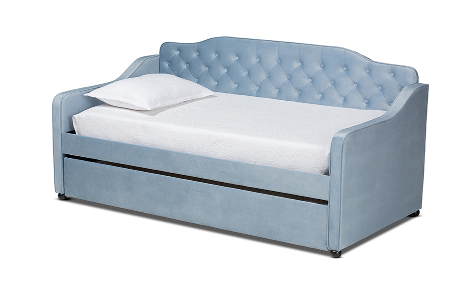 baxton studio freda traditional and transitional light blue velvet fabric upholstered and button tufted twin size daybed with trundle | Modish Furniture Store-2