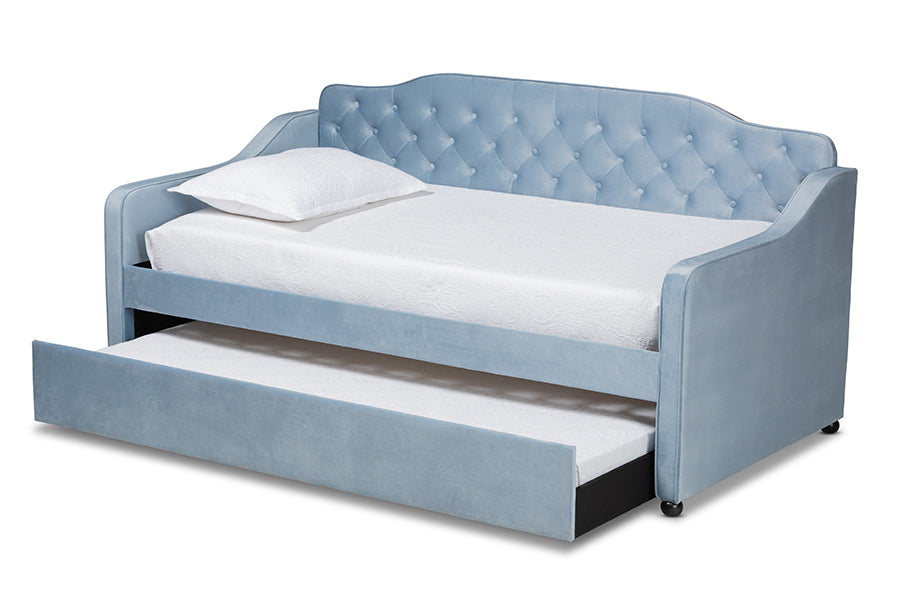 baxton studio freda traditional and transitional light blue velvet fabric upholstered and button tufted twin size daybed with trundle | Modish Furniture Store-3