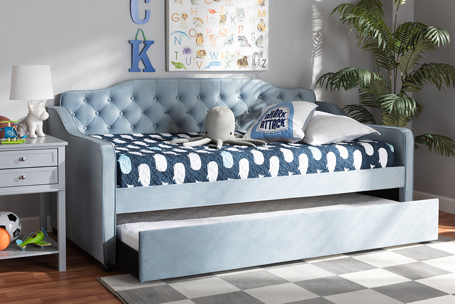 Baxton Studio Freda Traditional and Transitional Light Blue Velvet Fabric Upholstered and Button Tufted Twin Size Daybed with Trundle | Modishstore | Beds
