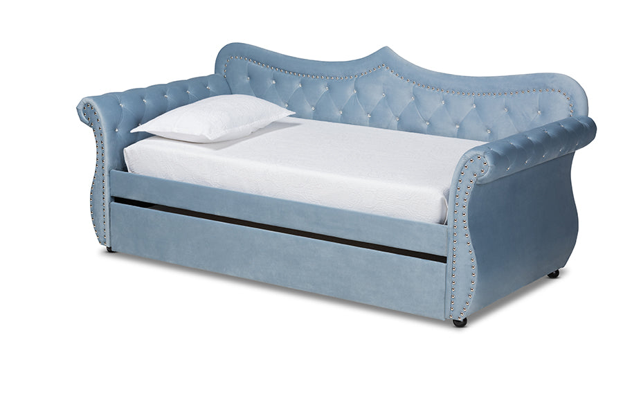 baxton studio abbie traditional and transitional light blue velvet fabric upholstered and crystal tufted twin size daybed with trundle | Modish Furniture Store-2