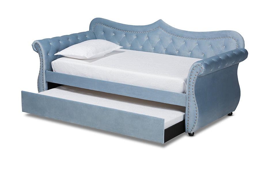 baxton studio abbie traditional and transitional light blue velvet fabric upholstered and crystal tufted twin size daybed with trundle | Modish Furniture Store-3