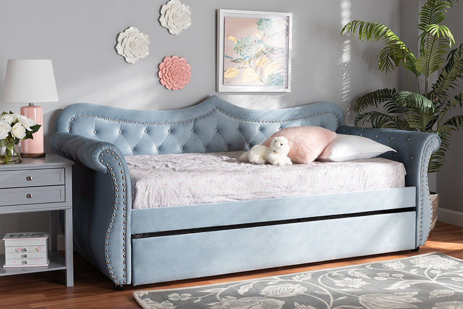 Baxton Studio Abbie Traditional and Transitional Light Blue Velvet Fabric Upholstered and Crystal Tufted Twin Size Daybed with Trundle | Modishstore | Beds