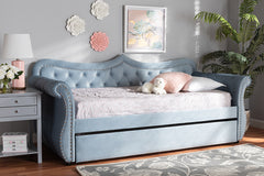 Baxton Studio Abbie Traditional and Transitional Light Blue Velvet Fabric Upholstered and Crystal Tufted Twin Size Daybed with Trundle