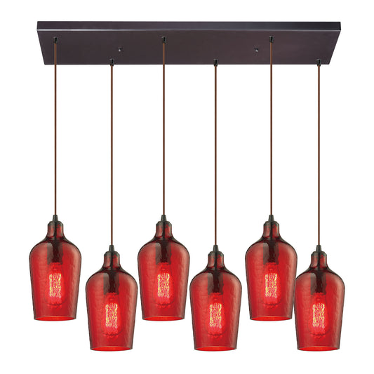Hammered Glass 6-Light Rectangular Pendant Fixture in Oiled Bronze with Hammered Red Glass ELK Lighting | Pendant Lamps | Modishstore