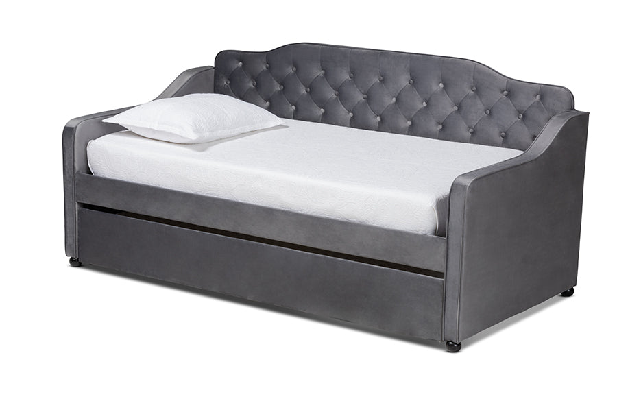 baxton studio freda traditional and transitional grey velvet fabric upholstered and button tufted twin size daybed with trundle | Modish Furniture Store-2