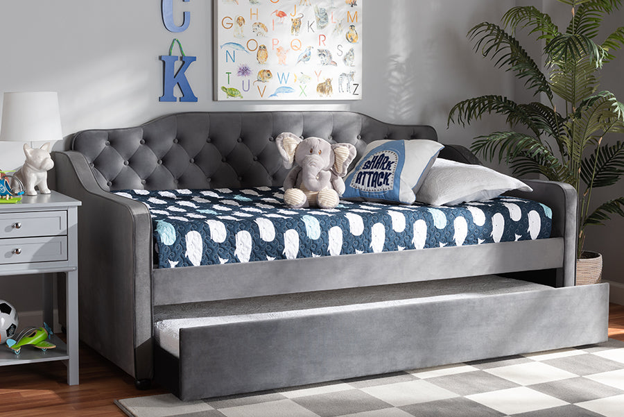 Baxton Studio Freda Traditional and Transitional Grey Velvet Fabric Upholstered and Button Tufted Twin Size Daybed with Trundle | Modishstore | Beds