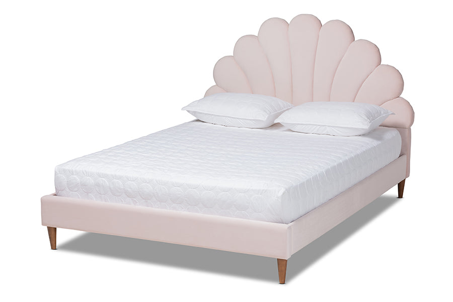 baxton studio odille modern glam light pink velvet upholstered walnut brown finished wood queen size seashell shaped platform bed | Modish Furniture Store-2