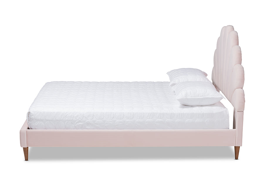 baxton studio odille modern glam light pink velvet upholstered walnut brown finished wood queen size seashell shaped platform bed | Modish Furniture Store-3