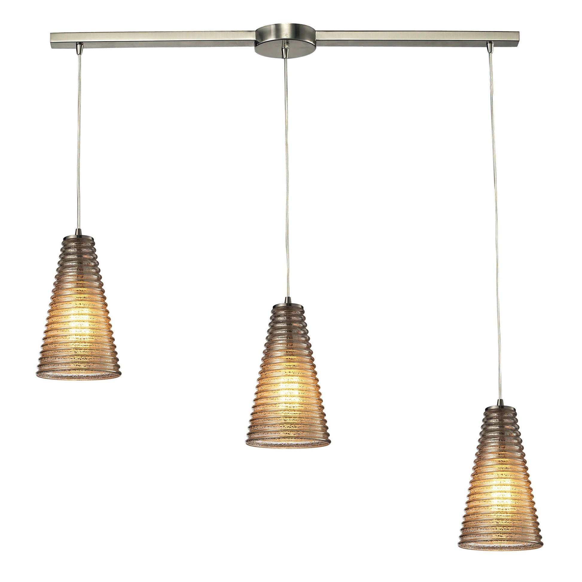 Ribbed Glass 3-Light Triangular Pendant Fixture in Satin Nickel with Amber Ribbed Glass ELK Lighting | Pendant Lamps | Modishstore