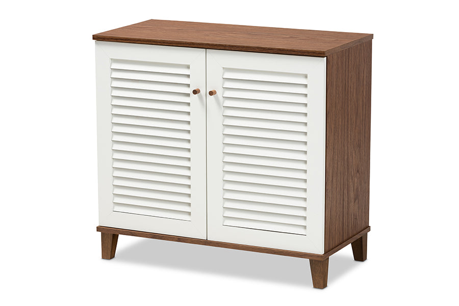 baxton studio coolidge modern and contemporary white and walnut finished 4 shelf wood shoe storage cabinet | Modish Furniture Store-2