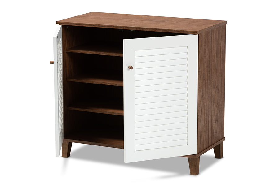 baxton studio coolidge modern and contemporary white and walnut finished 4 shelf wood shoe storage cabinet | Modish Furniture Store-3