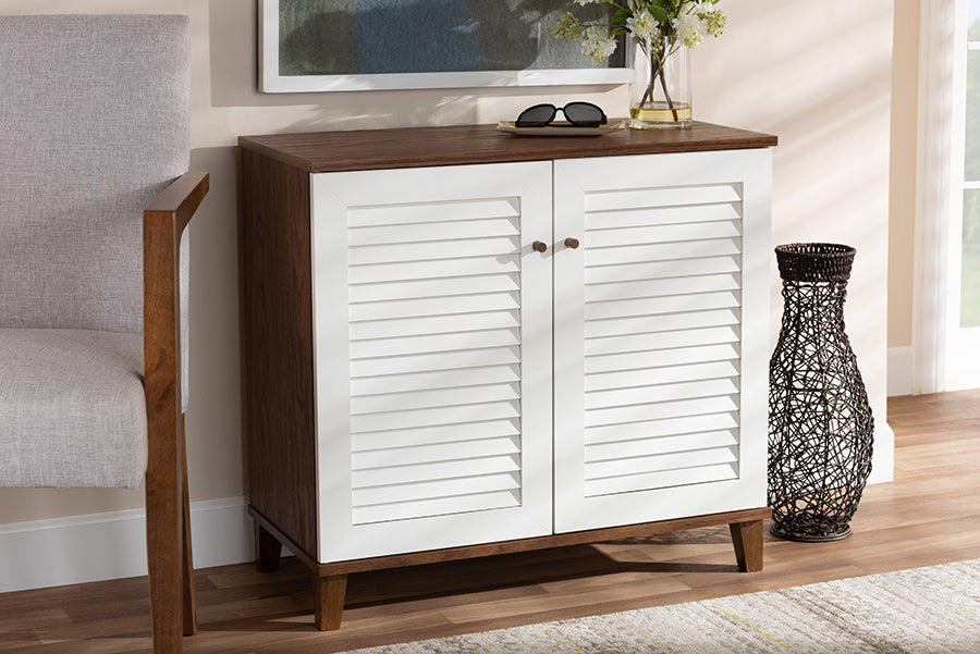 Baxton Studio Coolidge Modern and Contemporary White and Walnut Finished 4-Shelf Wood Shoe Storage Cabinet | Modishstore | Cabinets