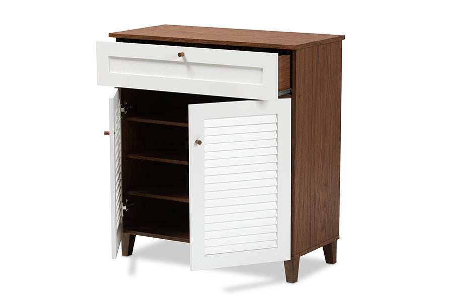 baxton studio coolidge modern and contemporary white and walnut finished 4 shelf wood shoe storage cabinet with drawer | Modish Furniture Store-3