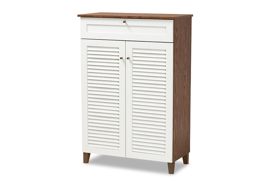 baxton studio coolidge modern and contemporary white and walnut finished 5 shelf wood shoe storage cabinet with drawer | Modish Furniture Store-2