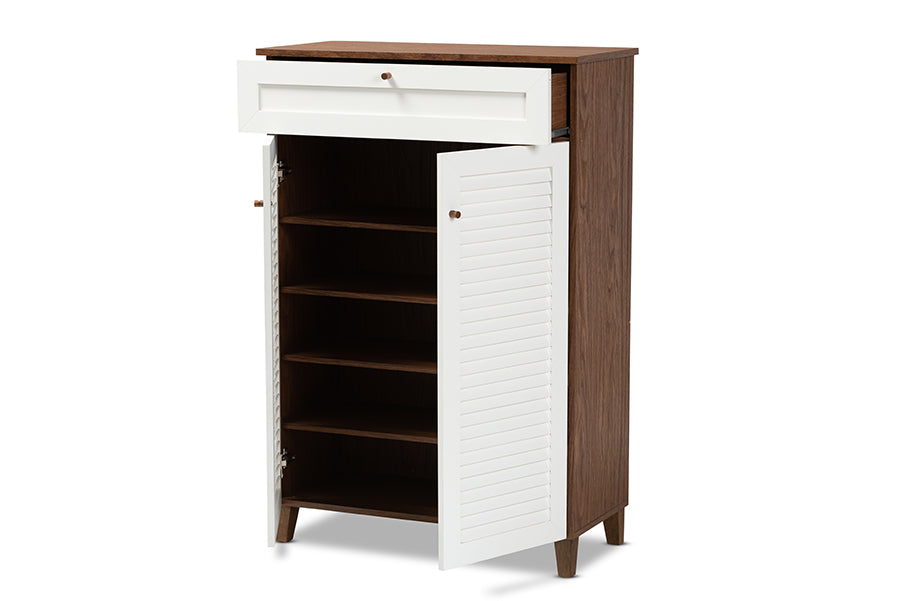 baxton studio coolidge modern and contemporary white and walnut finished 5 shelf wood shoe storage cabinet with drawer | Modish Furniture Store-3