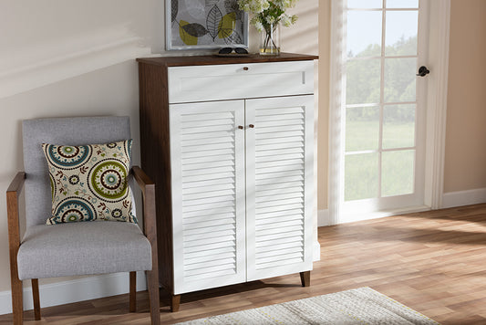 Baxton Studio Coolidge Modern and Contemporary White and Walnut Finished 5-Shelf Wood Shoe Storage Cabinet with Drawer | Modishstore | Cabinets