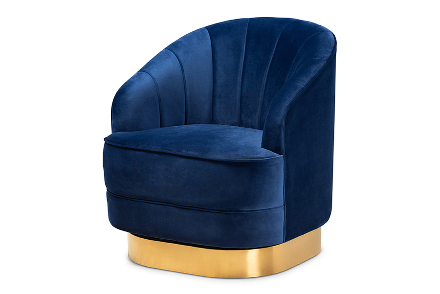 baxton studio fiore glam and luxe royal blue velvet fabric upholstered brushed gold finished swivel accent chair | Modish Furniture Store-2