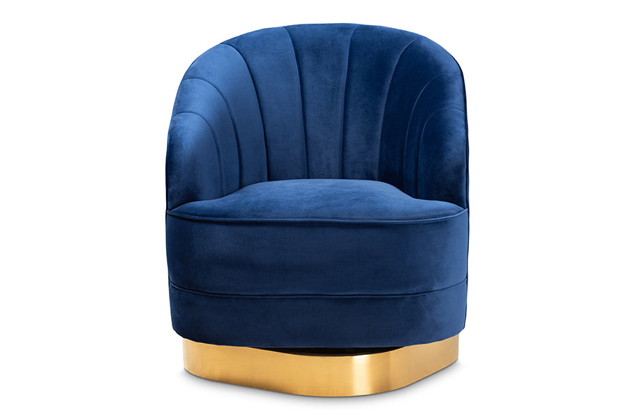 baxton studio fiore glam and luxe royal blue velvet fabric upholstered brushed gold finished swivel accent chair | Modish Furniture Store-3