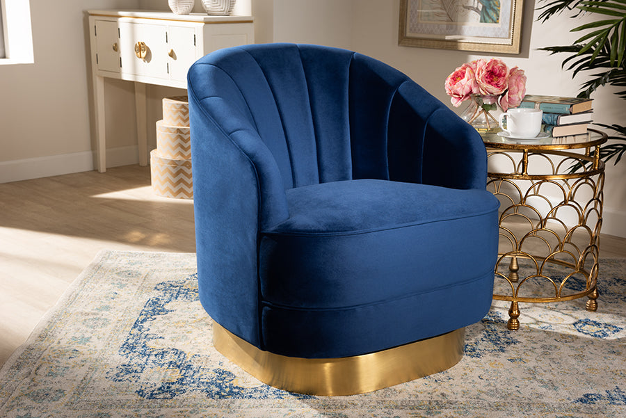 Baxton Studio Fiore Glam and Luxe Royal Blue Velvet Fabric Upholstered Brushed Gold Finished Swivel Accent Chair | Modishstore | Accent Chairs