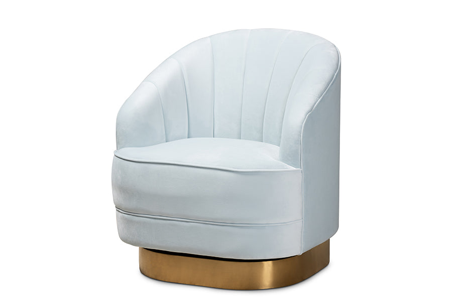baxton studio fiore glam and luxe light blue velvet fabric upholstered brushed gold finished swivel accent chair | Modish Furniture Store-2