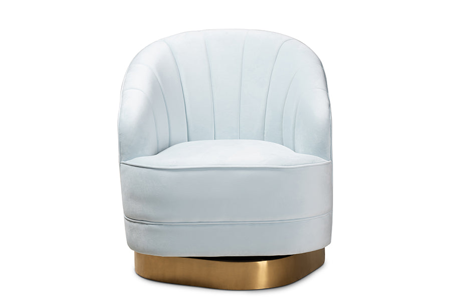 baxton studio fiore glam and luxe light blue velvet fabric upholstered brushed gold finished swivel accent chair | Modish Furniture Store-3