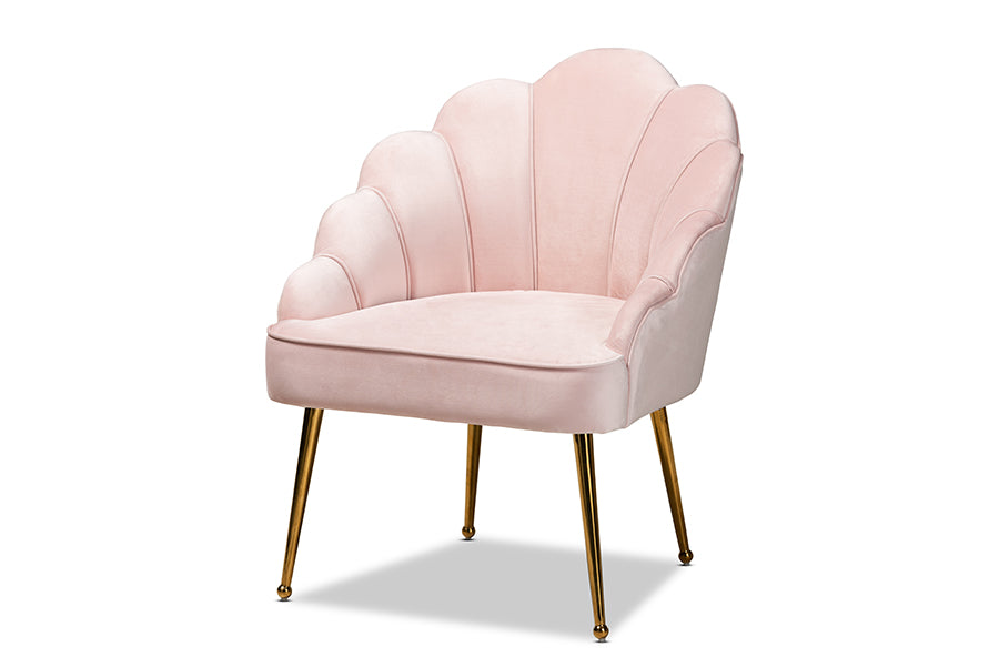 baxton studio cinzia glam and luxe light pink velvet fabric upholstered gold finished seashell shaped accent chair | Modish Furniture Store-2