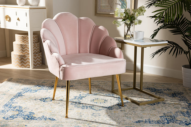 Baxton Studio Cinzia Glam and Luxe Light Pink Velvet Fabric Upholstered Gold Finished Seashell Shaped Accent Chair | Modishstore | Accent Chairs