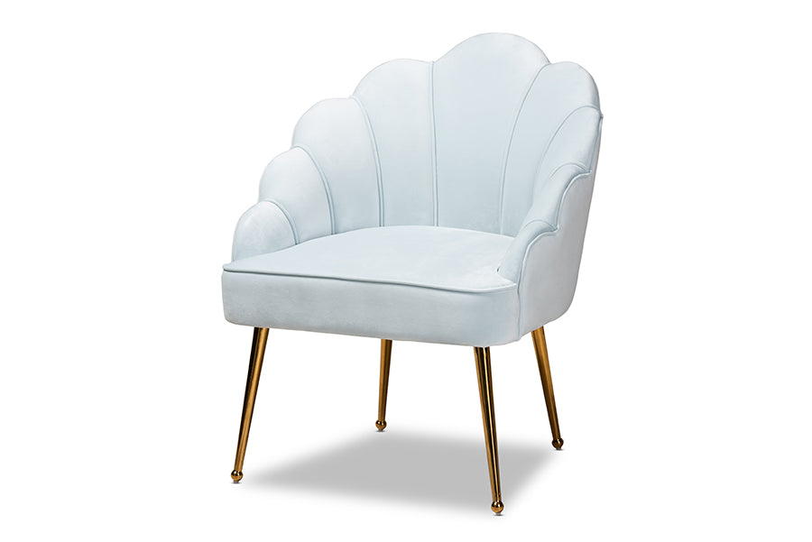 baxton studio cinzia glam and luxe light blue velvet fabric upholstered gold finished seashell shaped accent chair | Modish Furniture Store-2